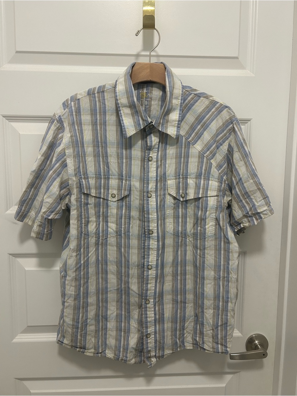 Mountain Hardwear Men's Short Sleeve Plaid Button-Up - Blue & Tan Pearl Snap
